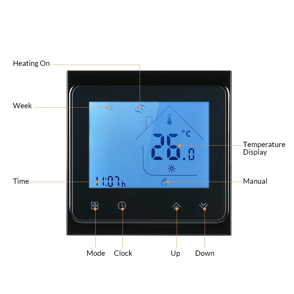 16A электрическое отопление термостат с сенсорным экраном ЖК-дисплей Дисплей еженедельно программируемый энергосберегающий Температура