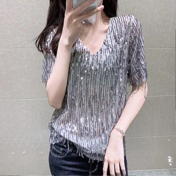 

Blingbing Sequins V Neck Short Sleeve T-shirts for Women New Spring Summer Tassel Perspective Hollow Out Female Pullovers Top