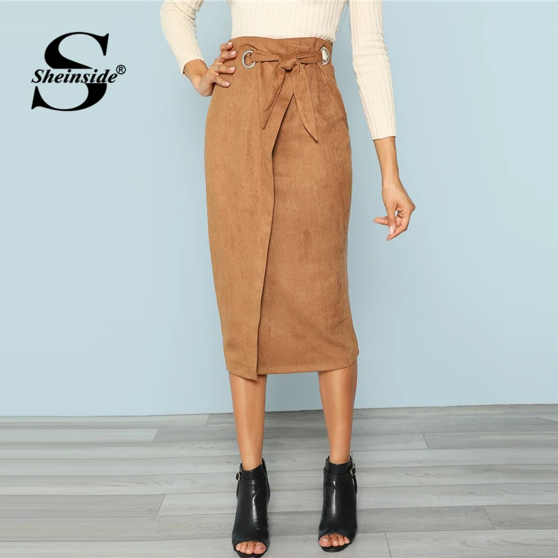 

Sheinside Brown Tie Waist Bodycon Work Skirt Zip Back Mid-Calf Wrap Knot Split Back Women Elegant Autumn Pencil Midi Skirt