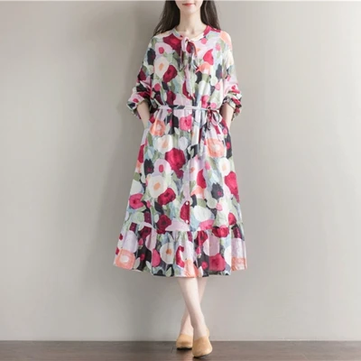 Women-Summer-Dress-Long-Sleeve-Sundress-with-Bow-Casual-Plus-Size-A-Line-Loose-Vintage-Dress