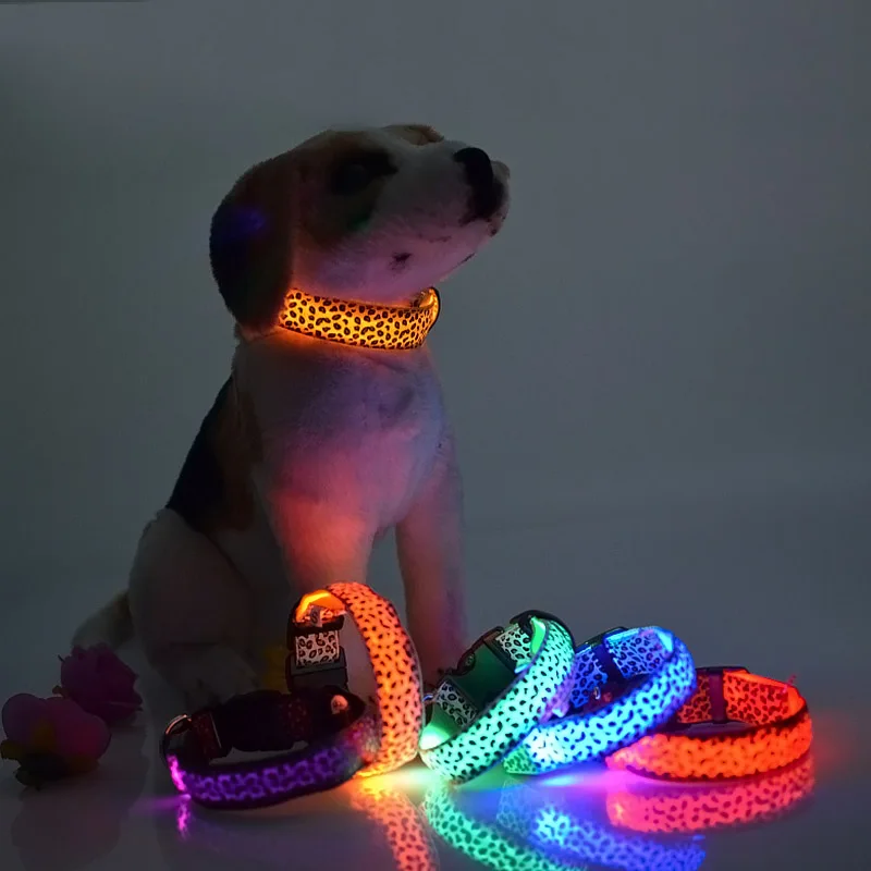 Leopard LED Dog Collar Flashing Nylon 3 Mode Lighting dog leash night