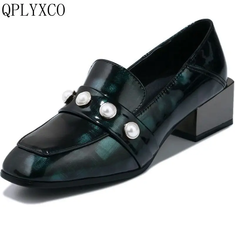 

QPLYXCO 2017 New Sale super big& Small size 32-48 Genuine Leather Women Square Toe Platform party wedding shoes 7616-2