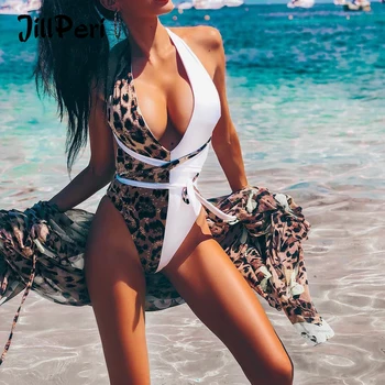 

JillPeri Women Leopard Patchwork Backless Lace Up Bodysuit Sexy Deep V Neck Pool Outfit Bikini Swmming One Piece Beach Wear