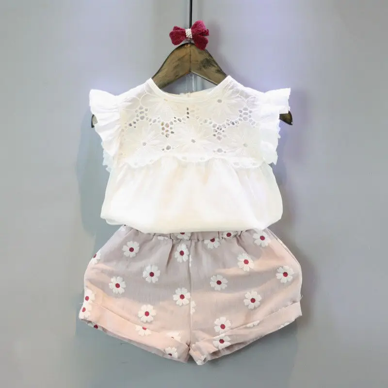 2pcs Kids Baby Girls Summer Outfits Lace Tops Floral Shorts Pants Clothes Sets Children Kid Girl