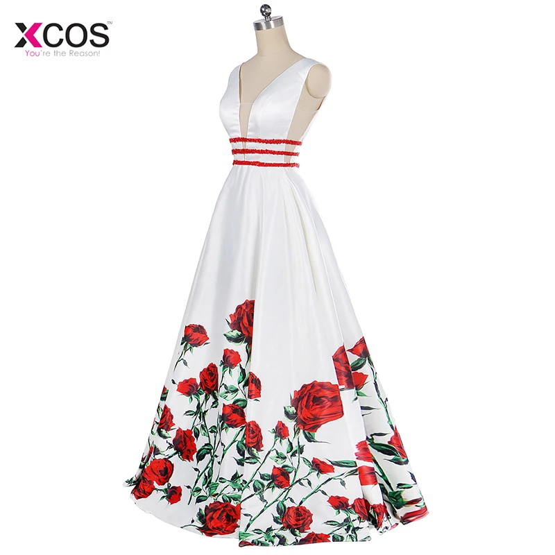 Printed Floral Satin Evening Dresses Long V-Neck Beading Prom Dress Floor Length A Line Formal Special Occasion Party Gown Printed Floral Satin Evening Dresses Long V-Neck Beading Prom Dress Floor Length A Line Formal Special Occasion Party Gown