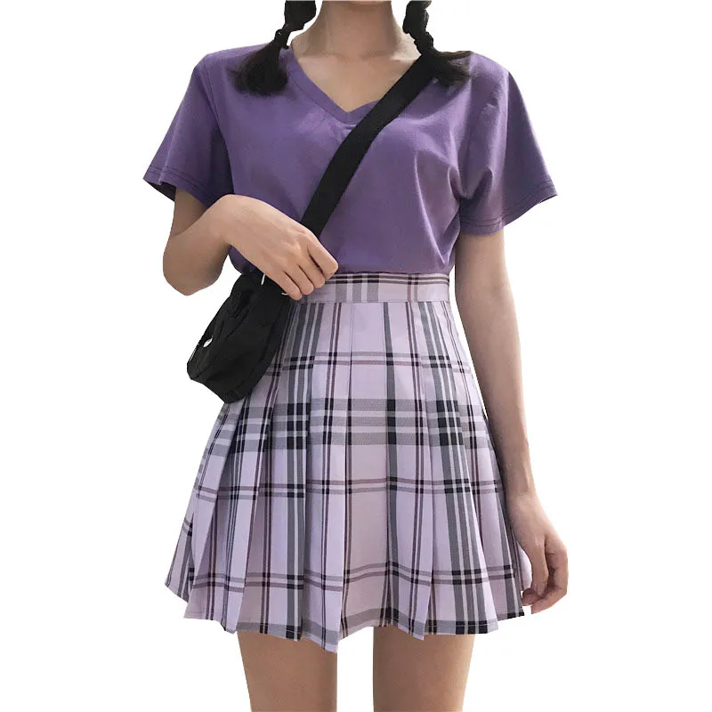 Юбки Харадзюку для студенческих девочек, плиссированные мини юбки в клетку с высокой талией, шикарная фиолетовая Офисная Женская юбка# T0210