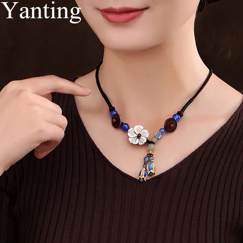 

Yanting Ethnic Cloisonne Flower Pendant Necklace For Women Shell Flower Natural Stone Handmade Short Chokers Necklaces Femme 086