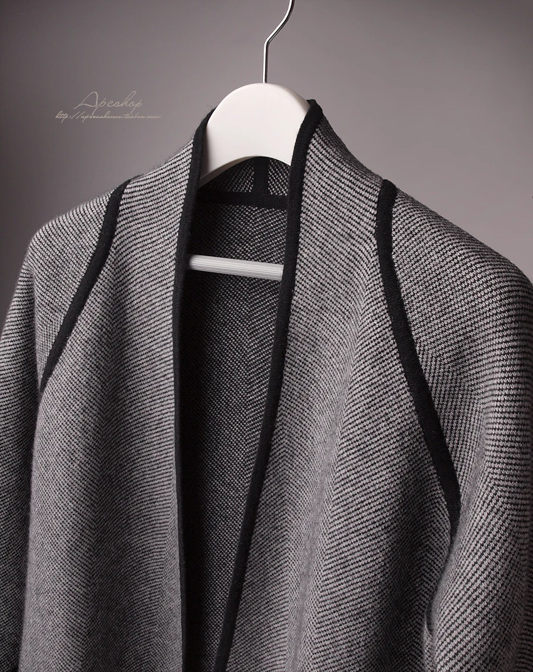  two-tone color 100%goat cashmere twill knit long cardigan sweater belt overcoat women high grade fa