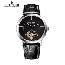 Reef Tiger/RT Tourbillon Casual Watch For Men Business Automatic Watches Ultra Thin Steel Watch with Leather Strap RGA1610