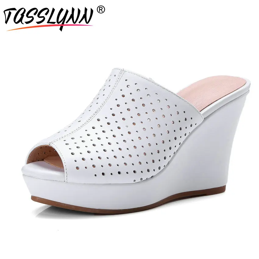 

TASSLYNN 2018 Peep Toe Women Pumps Cut-outs Shoes Women Wedges Heels Summer Real Leather /PU Platform Women Shoes Size 34-39