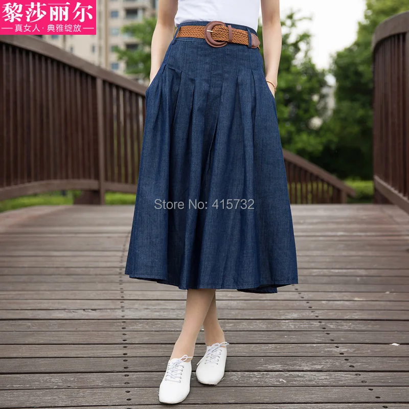 Новая мода Джинсовая плиссированная юбка Универсальная Женская длинная Макси эластичная талия размера плюс юбка с карманами и поясом