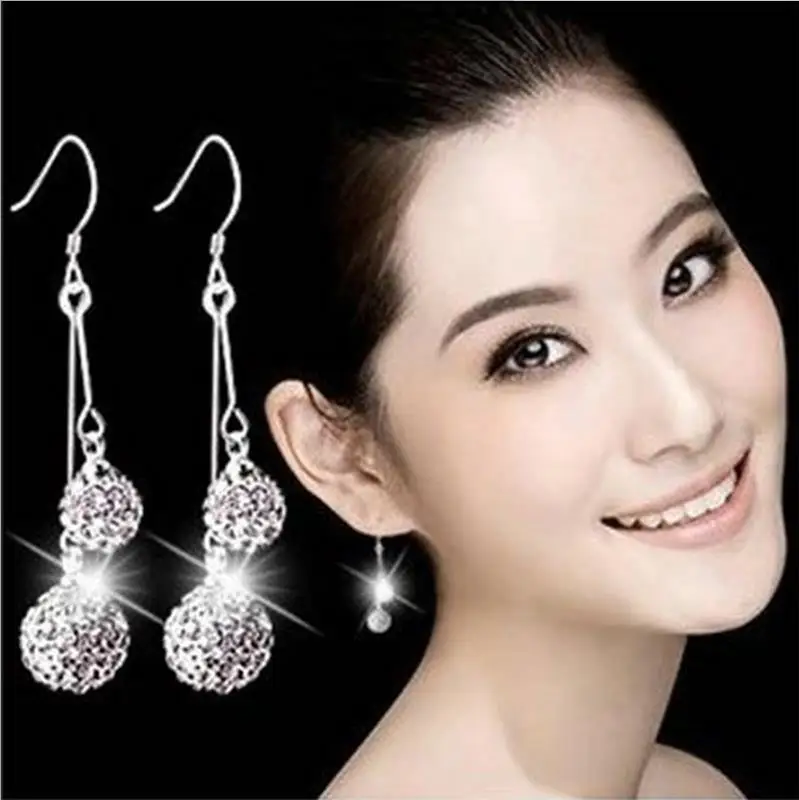 

New Style Two Handmade Disco Ball Beads Crystal Earring Fashion Round Czech Zircon 925 Sterling Silver Long Earrings 1Y032