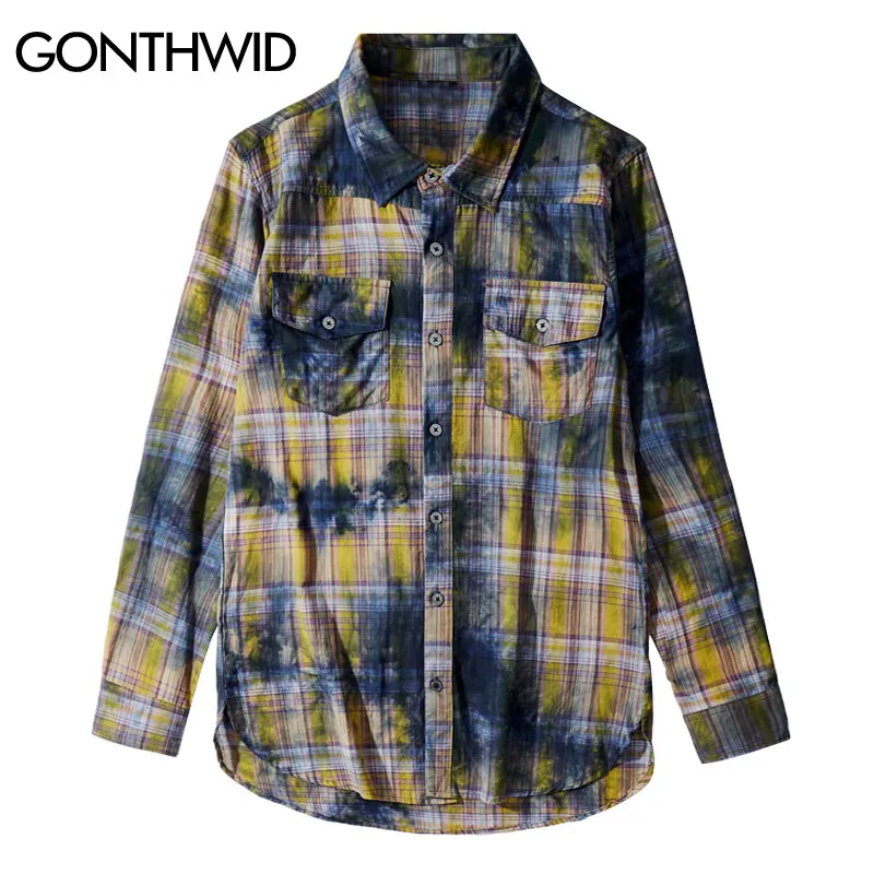 

GONTHWID Distressed Tie Dye Plaid Long Sleeve Shirts Hip Hop Punk Rock Streetwear Shirt Fashion Casual Outwear Men Hipster Tops