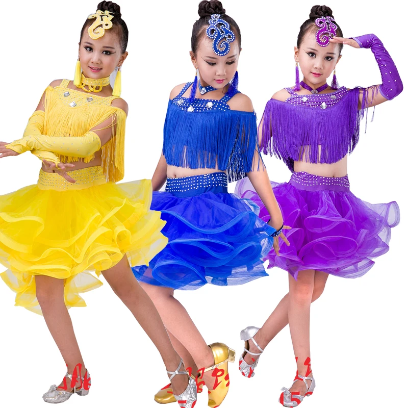 Ребенок с кисточками, для латинских танцев Профессиональный блестками платье для танцев, детская одежда самба конкурс Бальные костюмы платье для сальсы, платье
