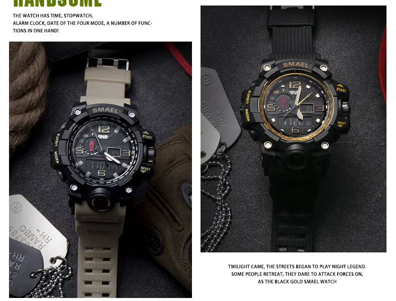 SMAEL Brand Men Sports Watches Dual Display Analog Digital LED Electronic Quartz Wristwatches Waterproof Swimming Military Watch
