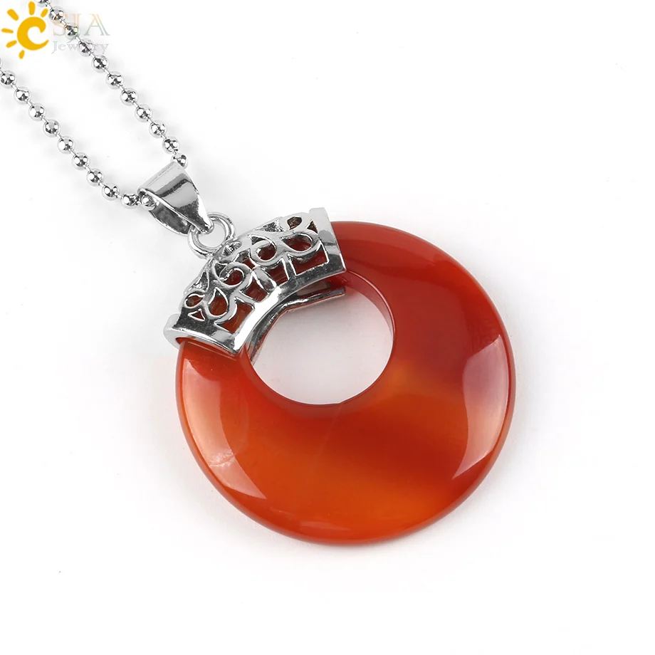 CSJA натуральное ожерелье с драгоценным камнем и кулонами выдалбливают круг лазурит унакит оникс Рейки Исцеление для женщин мужчин ювелирные изделия подарок E518 - Окраска металла: Red Agate