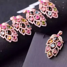 Натуральные разноцветные турмалины кулон S925 Серебряный натуральный драгоценный камень кулон Цепочки и ожерелья Модные элегантные длинные листья для женщин ювелирные изделия