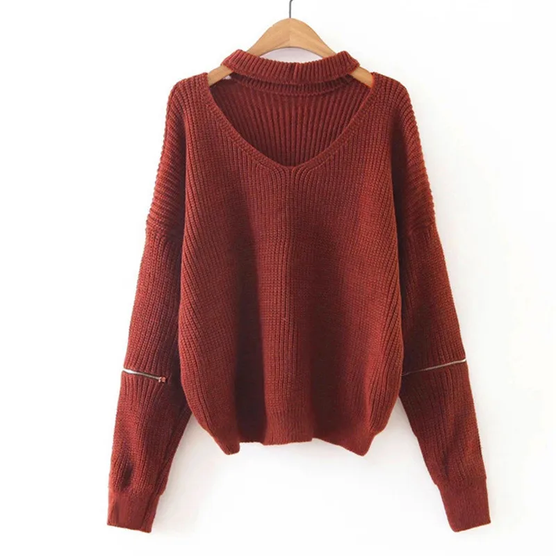 Sweater Zipper Sleeves Knitted Pullover Spring Winter Halter V-neck Jumper Casual Pull Femme Loose Sweaters | Женская одежда