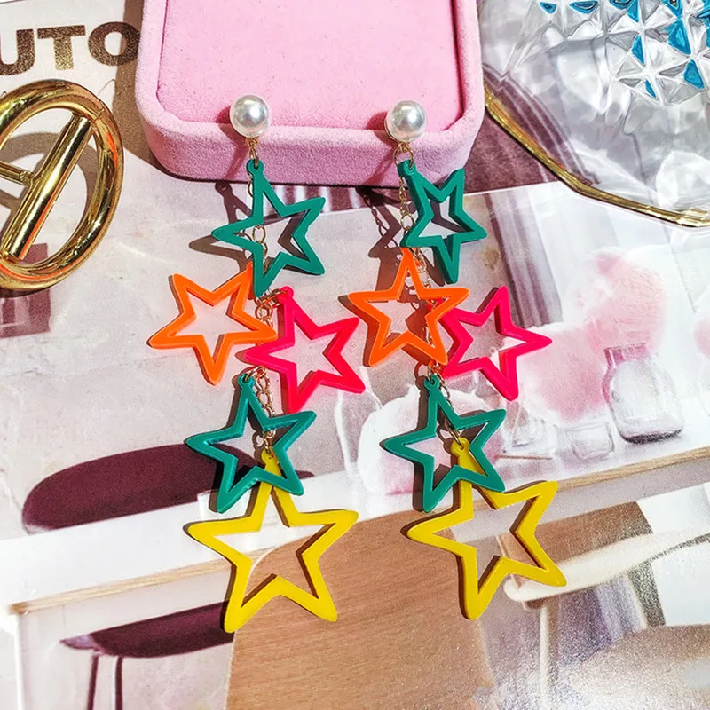 cheap DREJEW Long Tassel Colorful Star Acrylic Statement Earrings Sets 2019 925 Drop Earrings for Women Wedding Fashion Jewelry HE0541
