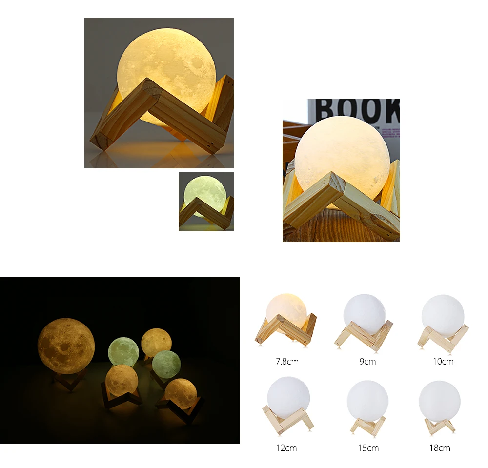 Rechargeable 3D Print Moon Lamp 2 Color Change Touch Switch Bedroom Bookcase Night Light Home Decor Creative Gift