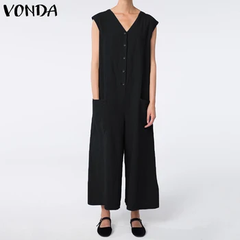 

VONDA 2020 Summer Casual Rompers Women Jumpsuits V Neck Sleeveless Pockets Plus Size Casual Loose Overalls Solid Playsuits S-5XL