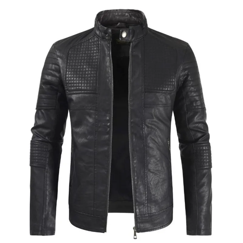 Новая мужская кожаная куртка, повседневная куртка, искусственная кожа, стоячий воротник, одноцветное пальто, мотоциклетная одежда