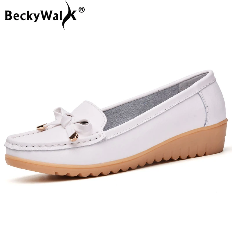 

BeckyWalk Breathable Flat Shoes Women Slip On Loafers Autumn Women Genuine Leather Ballet Flats Mother Casual Shoes WSH2874
