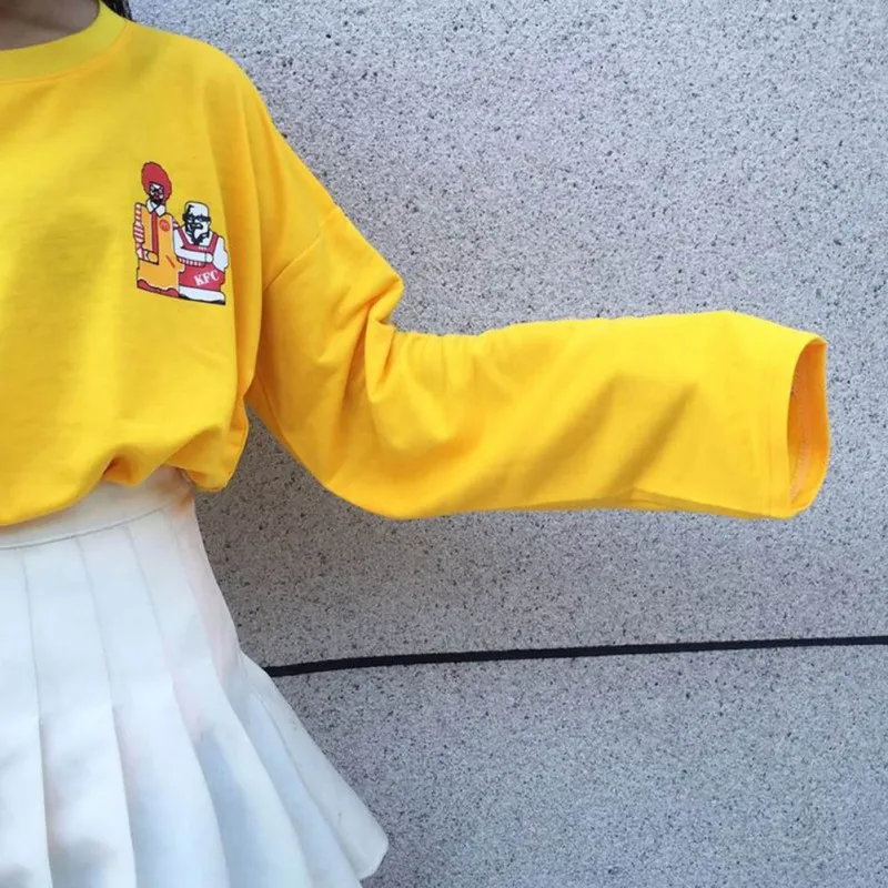 2019 новые желтые толстовки для женщин обувь для девочек в Корейском стиле одежда с длинным рукавом Мода хип хоп Досуг мультфильм толстовка
