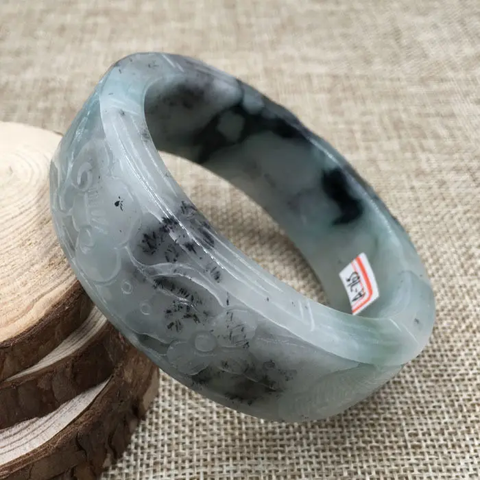 

A-765 Vintage Chinese Hand-carved Black Green Jadeite Jade Bangle Bracelet 63mm 28% 10.13