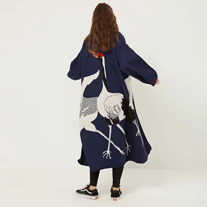 TREND-Setter 2019 Autumn Casual Cashmere Trench Coat Women Cartoon Cranes Pattern Open Stitch Knitting Long Outwear Oversize