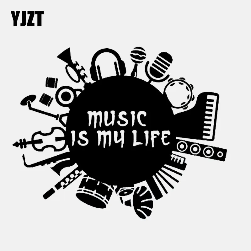 

YJZT 15.8CM*12.6CM Music Is My Life Inscription Guitar Drum Contrabass Vinyl Black/Silver Car Sticker C22-0782