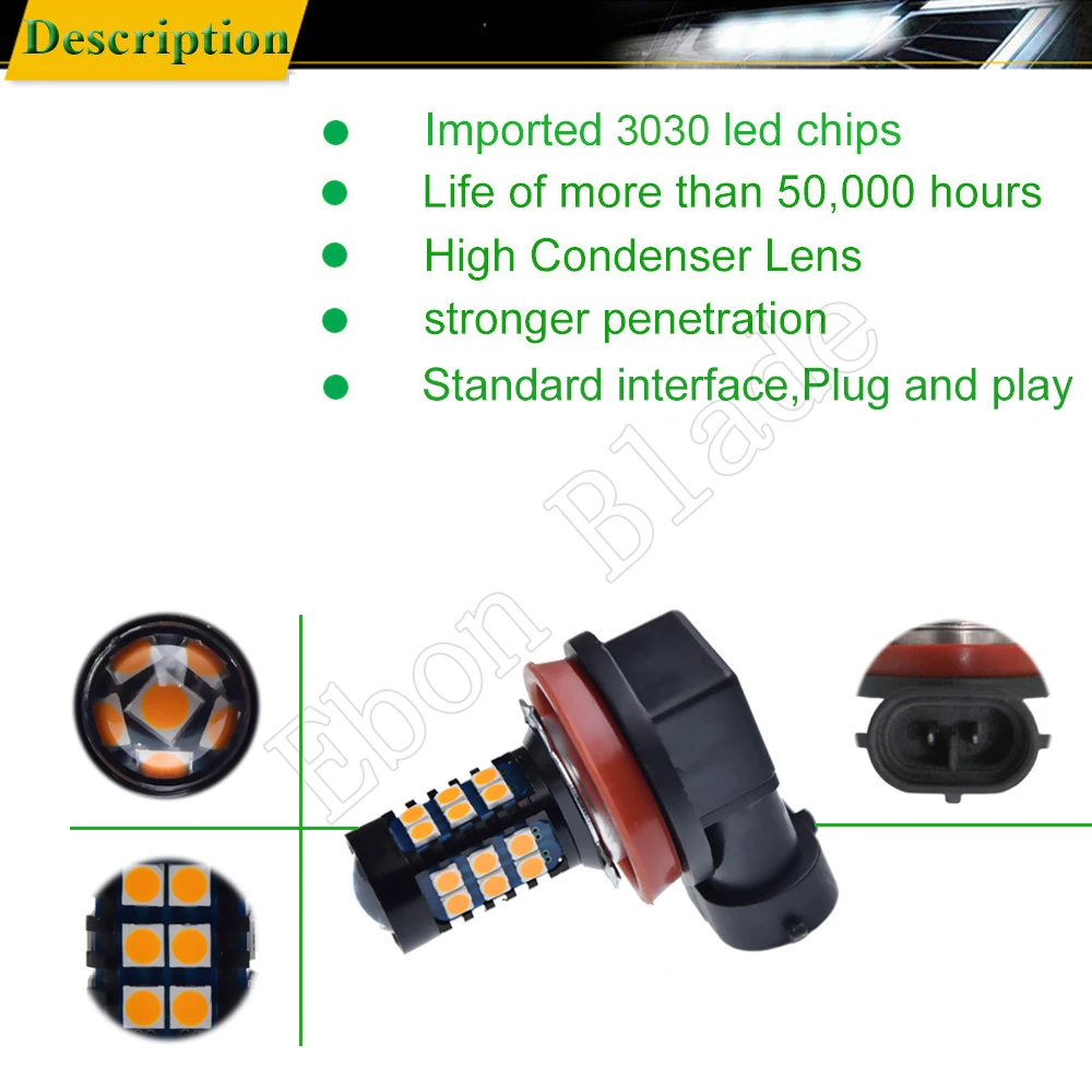 2Pcs Car Led H8 H11 H16JP 3030 30SMD Auto Fog Light Lamp Bulbs Projector Lens Running Driving Light Amber Orange Yellow 12V DC Led Bulb Led Fog Light Led Light Fog and Headlight Bulbs