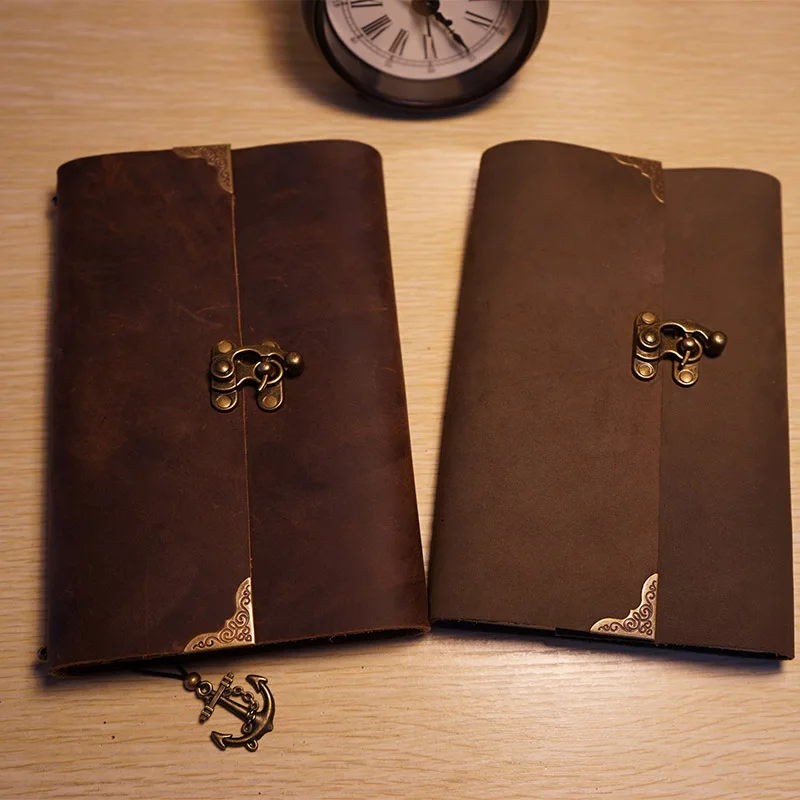 

Handmade genuine leather notebook vintage lock black color diary spiral losse leaf kraft paper school supplies journal notebook