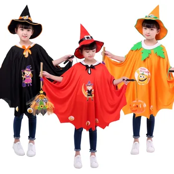

Free Shipping Halloween Pumpkin Cloak Red Black Children's Cape Girl Performance Costume Sorcerer Witch Cloak with hat Set Ghost