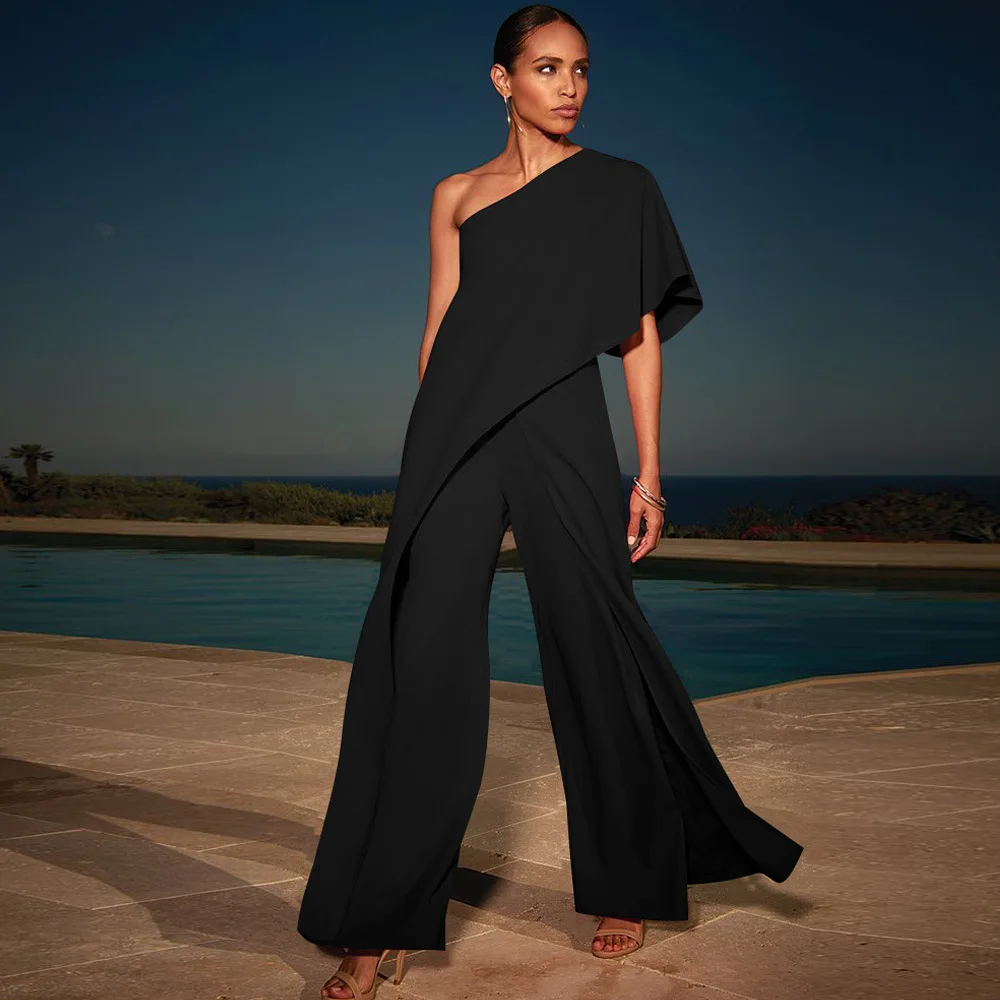 One Shoulder Jumpsuit Casual Solid Off Shoulder Ruffles High Waist Wide ...