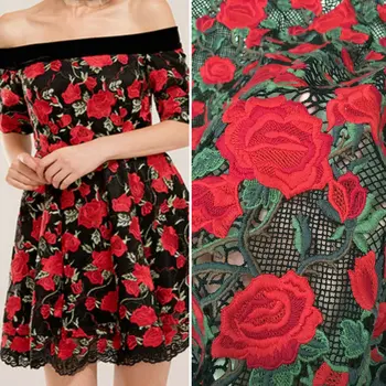 

red rose heavy embroidered lace fabric, bridal dress lace fabric, 125cm width rose flower embroidery mesh lace fabric