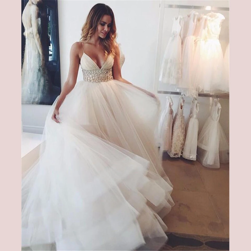 

Crystals Wedding Dress Spaghetti Straps Sexy Dress Deep-V-neck Custom made Backless Pleats Hot sale