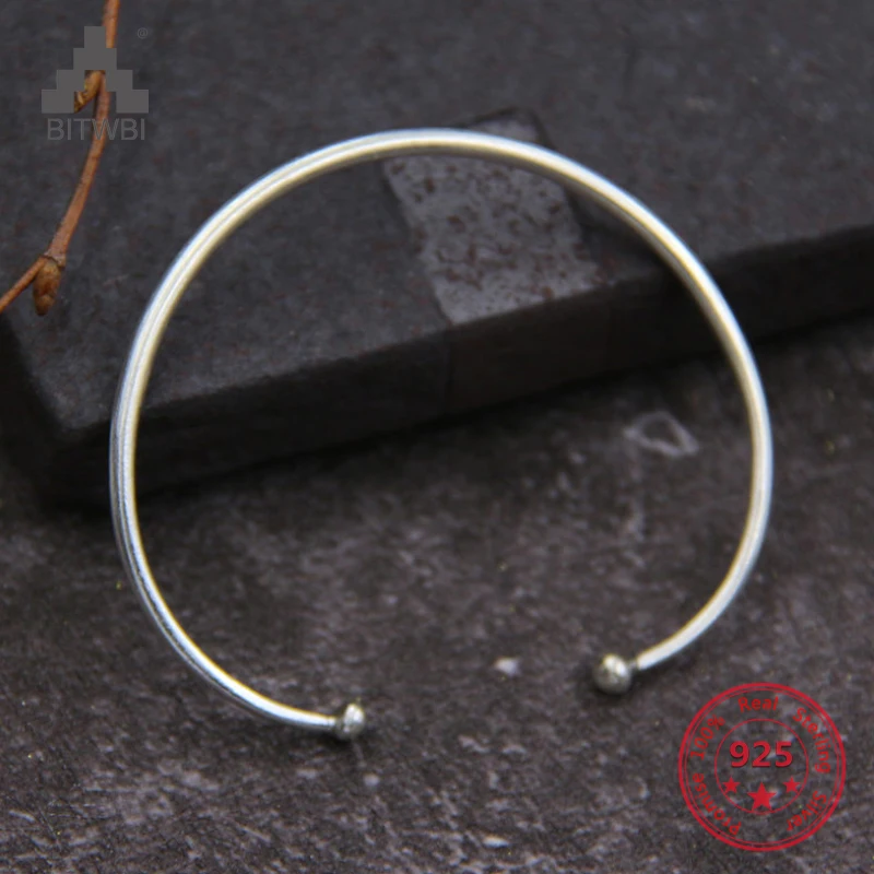 

100% S925 Sterling Silver Simple Glossy Opening Adjustable Fine Female Bracelet