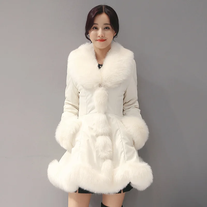 Зимняя куртка женская модная юбка дизайн кожаные пальто женские искусственный Лисий мех воротник пуховик женские зимние парки теплое пальто - Цвет: white