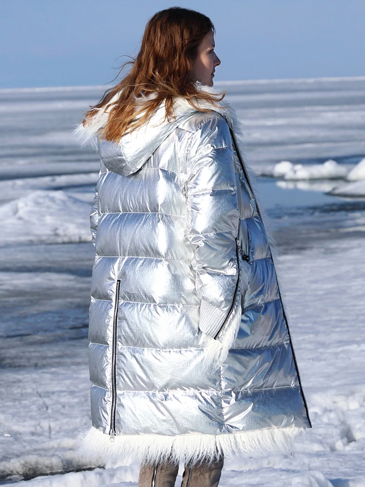 90% белое пуховое пальто теплая подкладка из шерсти блестящий пуховик плотная Длинная зимняя куртка наивысшего качества Женская парка с капюшоном 698