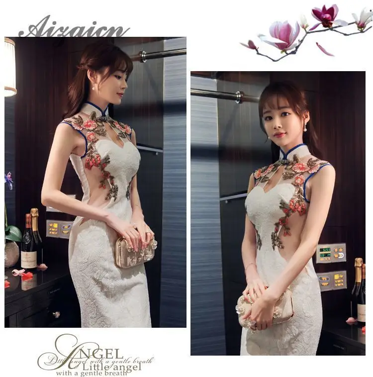 Перспективное Сетчатое сексуальное платье Чонсам с открытой спиной и вышивкой, длинное белое традиционное китайское Восточный вечер, винтажное Qi Pao