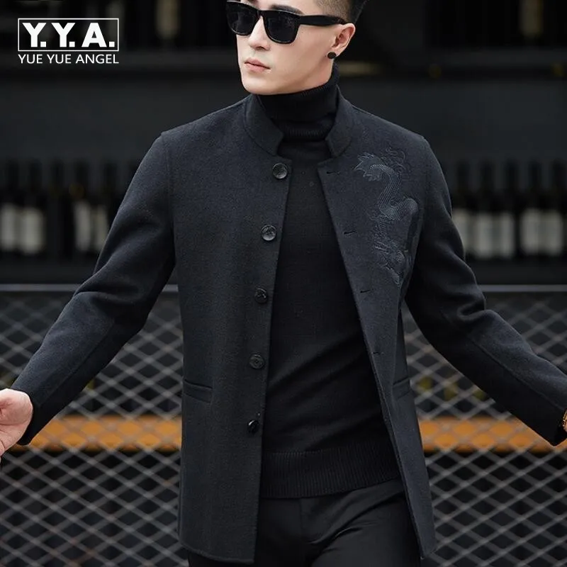 

Chinese Vintage Mens Dragon Embroidery Double Faced Wool Coat Stand Collar Single Breasted Office Work Formal Party Jacket