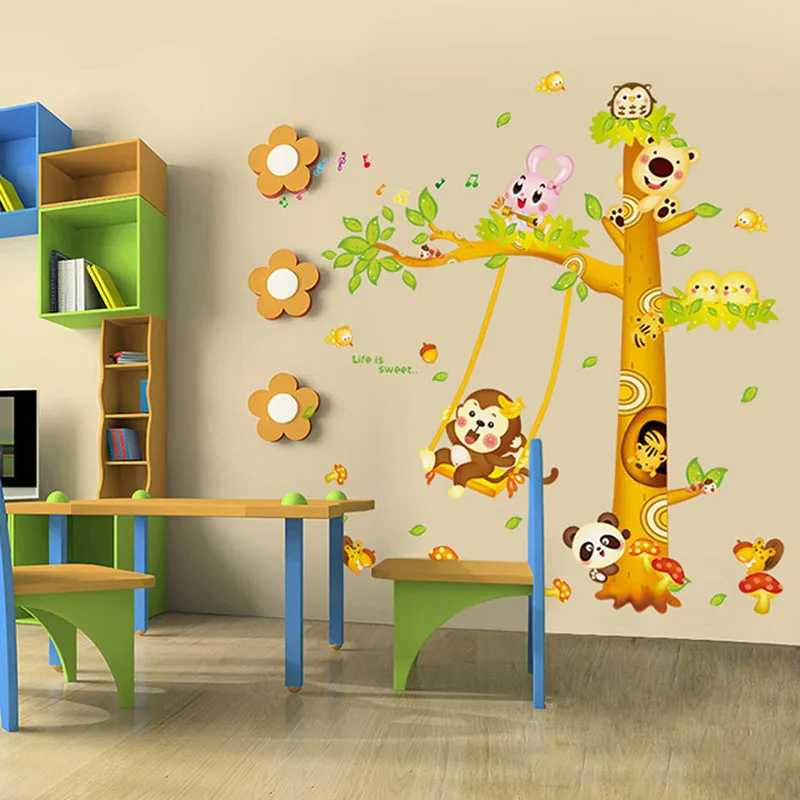 kindergarten Wall Stickers For Kids Rooms Animal Decals Monkey Swings Cartoon Wall Decoration Arts wallpaper Home Decor,in Wall Stickers from Home \u0026 Garden