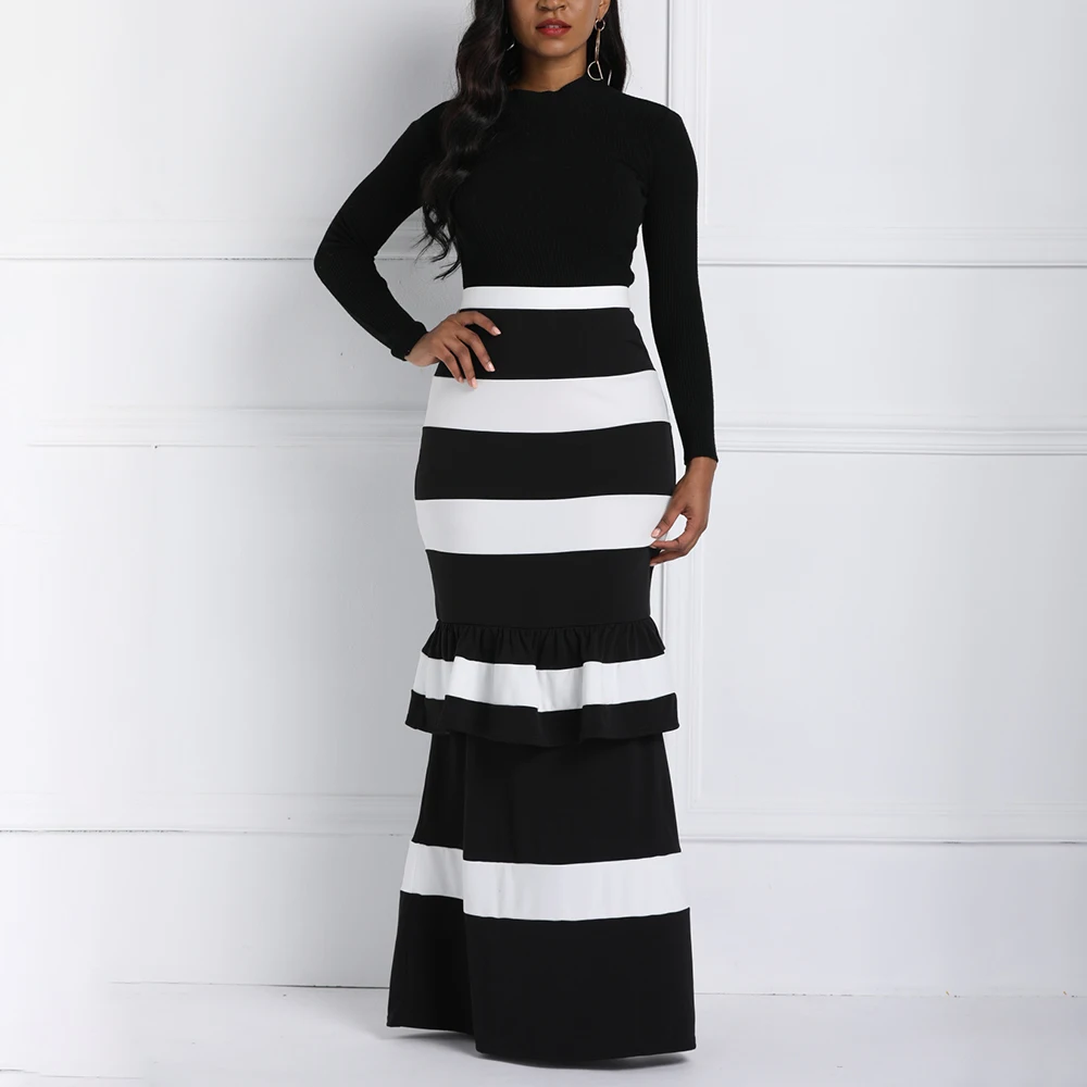 

Women Mermaid Long Skirts Ruffle Striped Color Block Vintage Zipper Floor-length Skirts Female Party Pencil Trumpet Maxi Skirts