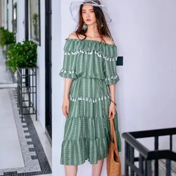 

Runway Designer Stripe Tassel Summer Dress Women Off Shoulder Slash Neck Sundress Party Dress Robe Femme