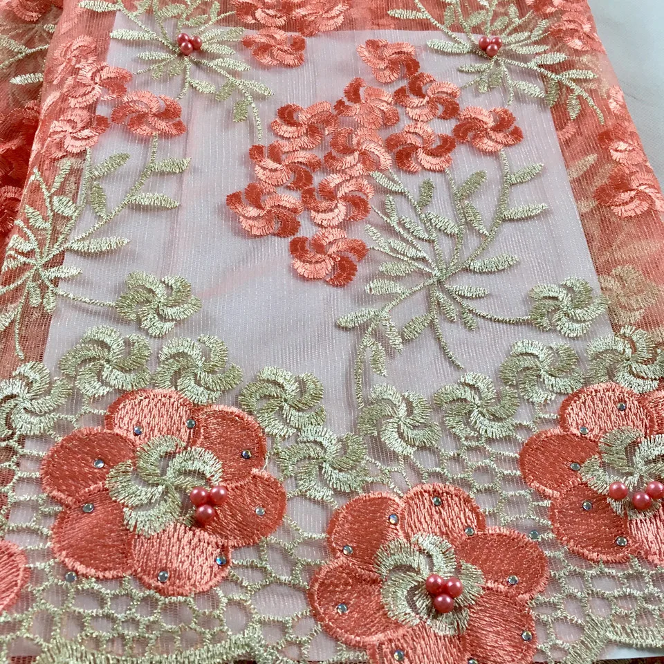 2019 Latest French Laces Fabrics With Bead High Quality Tulle African Laces Fabric For Wedding