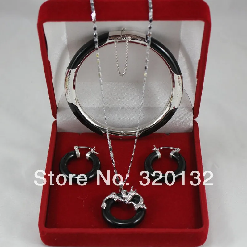 

18K White Gold Plated Black jade pendant earring Bracelet/Bangle Jewelry Silver gold plated Jewellery sets Fast shipping