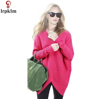 

Brand Women's Large Size Irregular Knit Sweater 2018 Autumn/Winter Fashion V-Neck Loose Bat Sleeve Casual Wild Sweater CH386