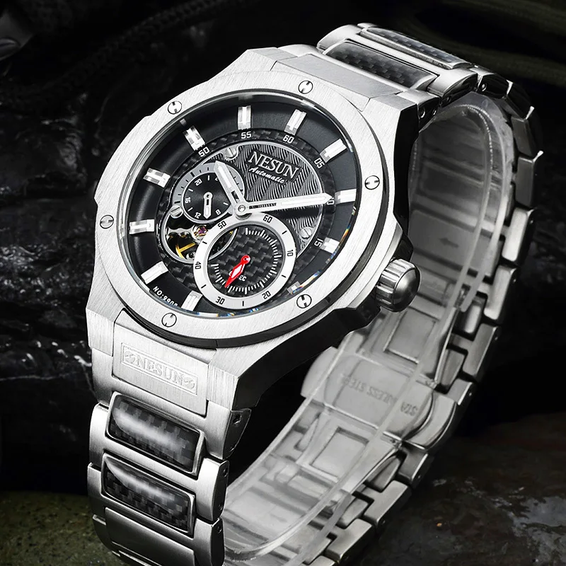 NESUN модные спортивные часы мужские полностью стальные сапфировые водонепроницаемые автоматические механические наручные часы мужские Relogio Masculino - Цвет: Black