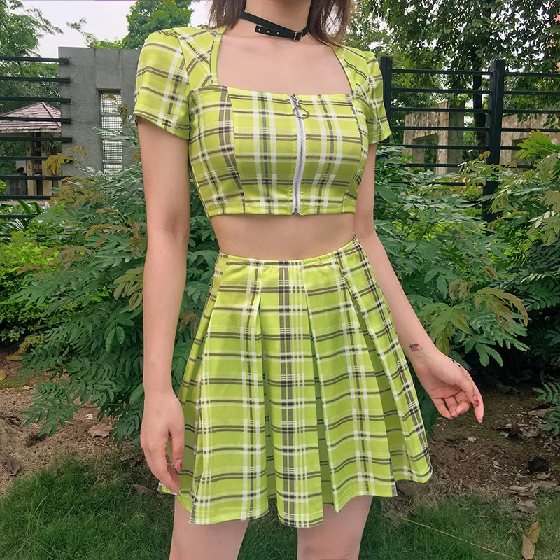 

Summer Plaid 2 Set Women's Preppy Style Short Sleeve Square Collar Zipper Cropped Navel Short Top + High Waist Pleated Skirt